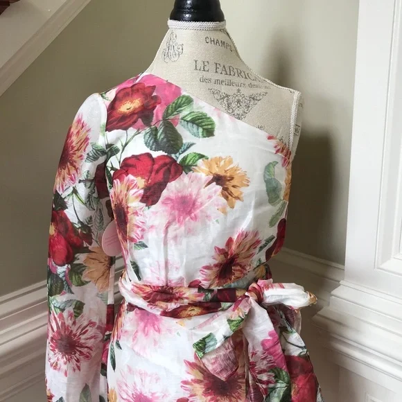 NWT La Maison Talulah Garland Mini Dress Womens Small Cream Red Floral One Arm